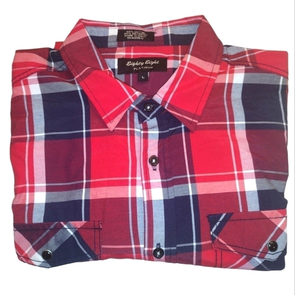 Eighty Eight Platinum L Red Plaid Western Shirt With Snap Pockets Tab Sleeves - Picture 4 of 5